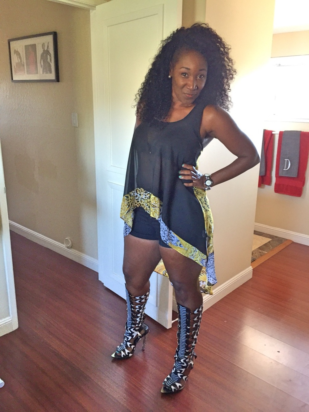 Black and White Gladiator sandals with decorative heel